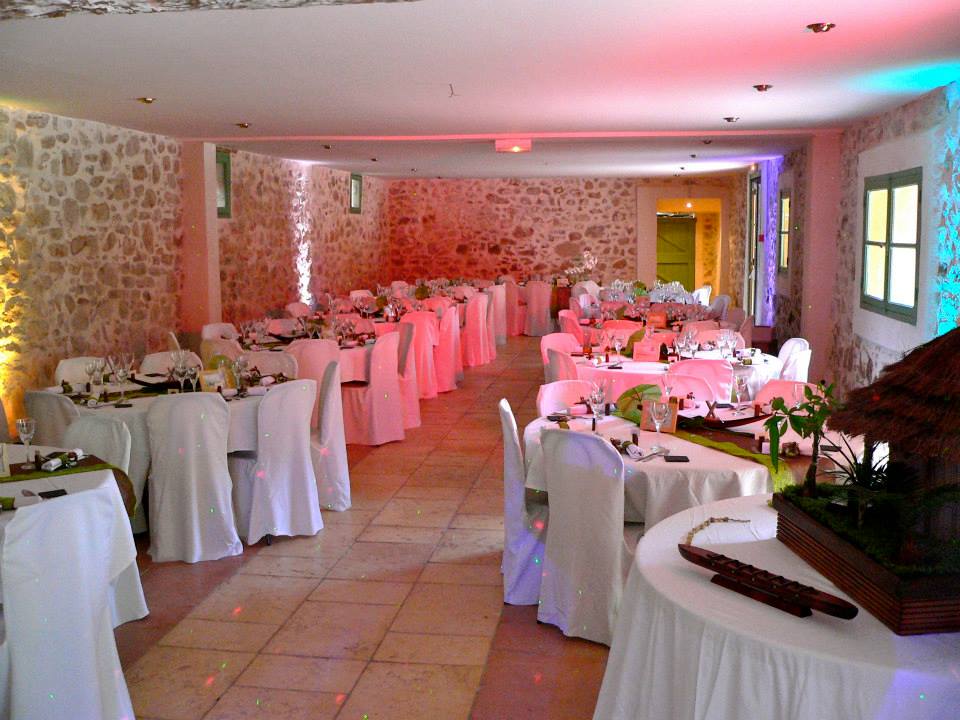 Salle de réception en pierres apparentes, mariage à Saint-Benoît, Domaine des Sources